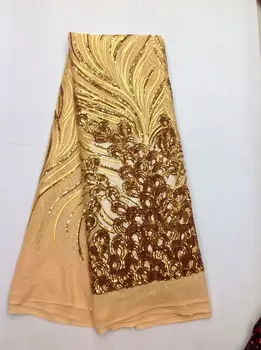 

Fashionable Gold French net lace fabric Sequins paillette fabric for party