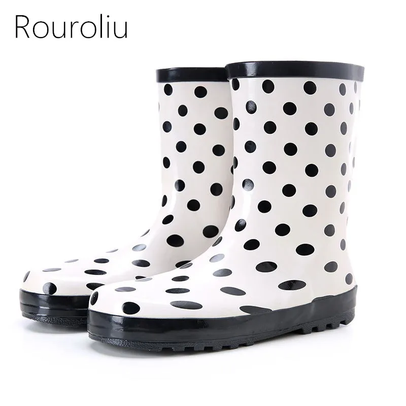 black and white polka dot rain boots