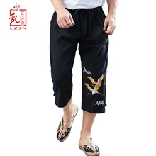 LZJN мужские летние 3/4 Брюки повседневные хлопковые льняные эластичные пояс широкие Капри короткие бермуды вышивка пляж Плайя Hombre