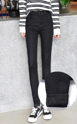 Винтажные джинсы для женщин, зимние теплые флисовые узкие брюки-карандаш, женские джинсы с высокой талией, плотные женские джинсы размера плюс - Цвет: black black velvet