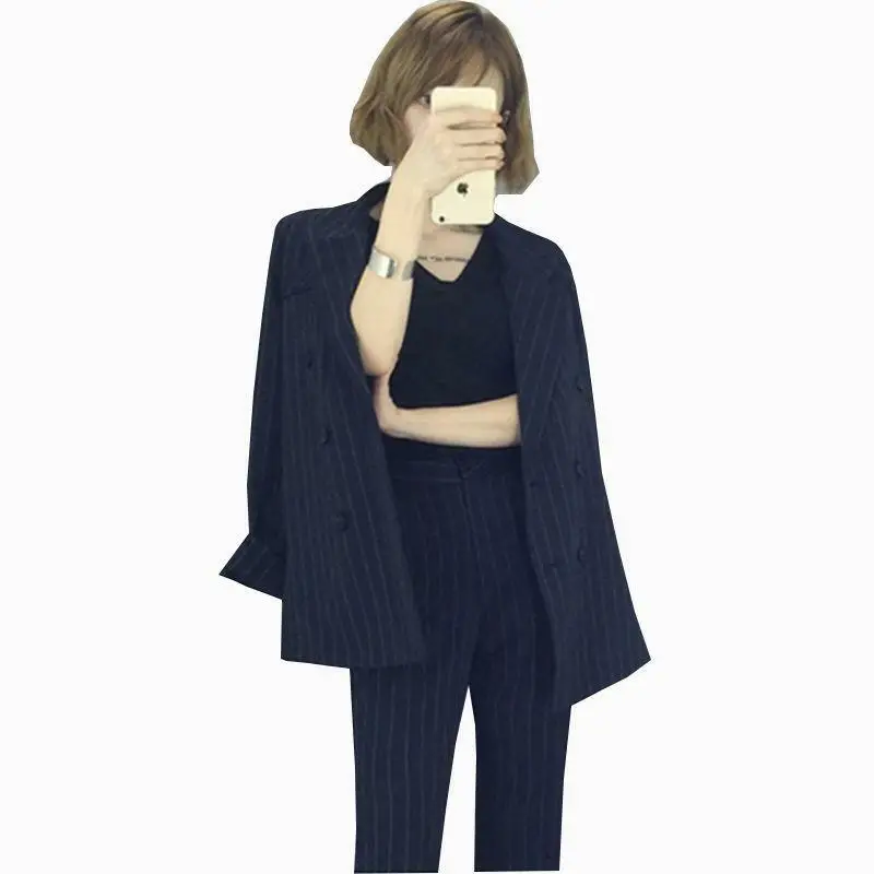 Korean Womens Stripe Black Blue Suits Casual Slim Lapel Coat Skinny Trouser Sz B9