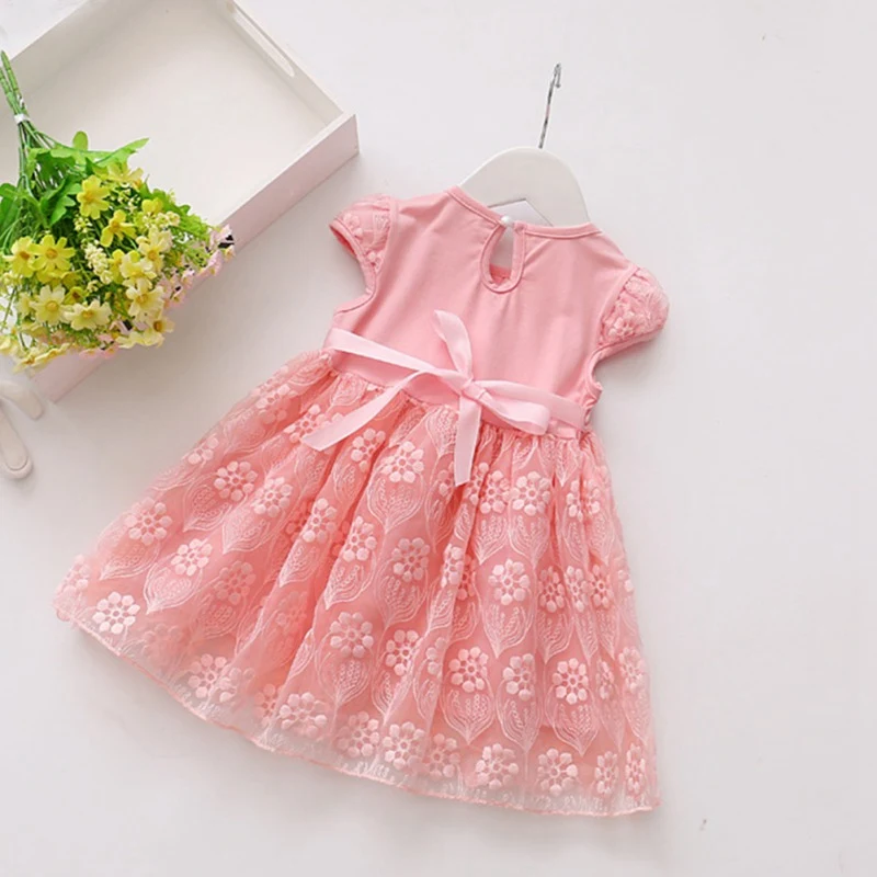 

Summer Casual Baby Girls Short Sleeve Dress with Bowknot Design Kids Toddler Pageant Princess Mesh Sundress