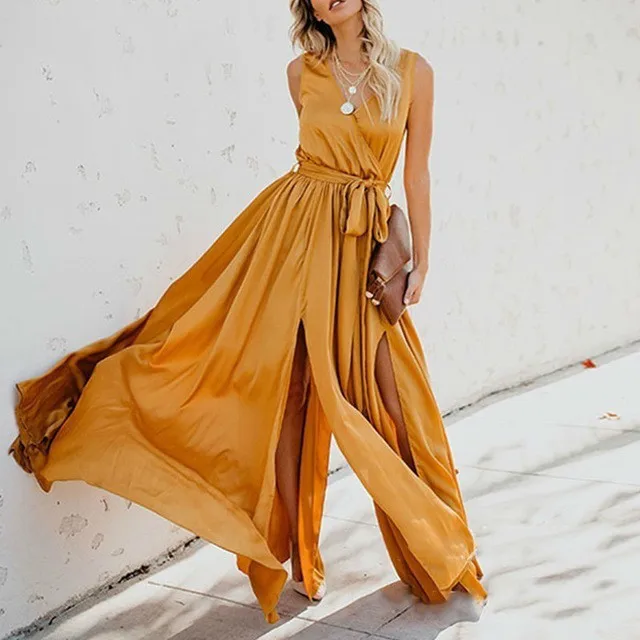 

DEAT 2019 Boho Summer Women's Dress V Neck Sleeveless High Waist Bow Lace Up Split Orange Bandage Fashion Clothes New MD102