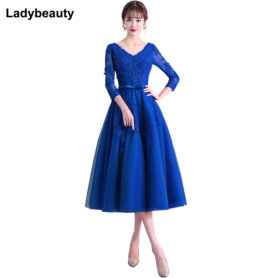 2019 New Evening Dress Long Sleeved Tea-Length Prom Gowns V-Neck Tulle Applique Formal Party Dresses Vestido de Festa 2019 New Evening Dress Long Sleeved Tea-Length Prom Gowns V-Neck Tulle Applique Formal Party Dresses Vestido de Festa