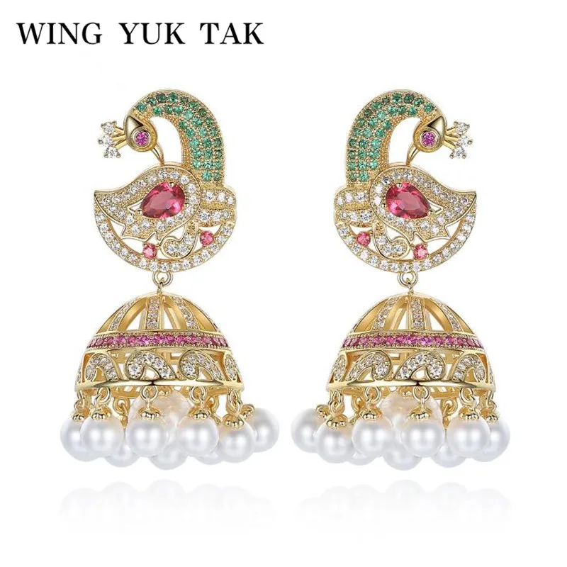 WingYukTak Fashion Classic Luxury Cubic Zircon Colorful Phoenix Imitation Pearl Statement Drop Earrings For Women Copper