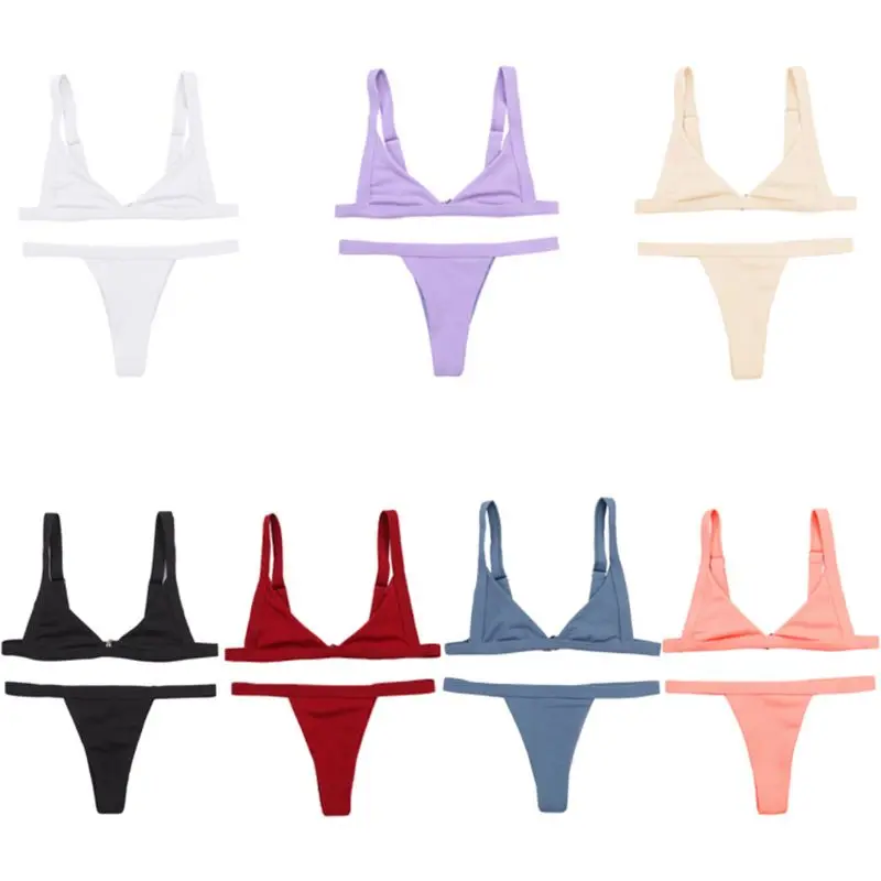 

Women Sexy Set Plunging V-Neck Unpadded Triangle Bra Low Waist Thong Seamless Solid Color Thread Vertical Swimsuit
