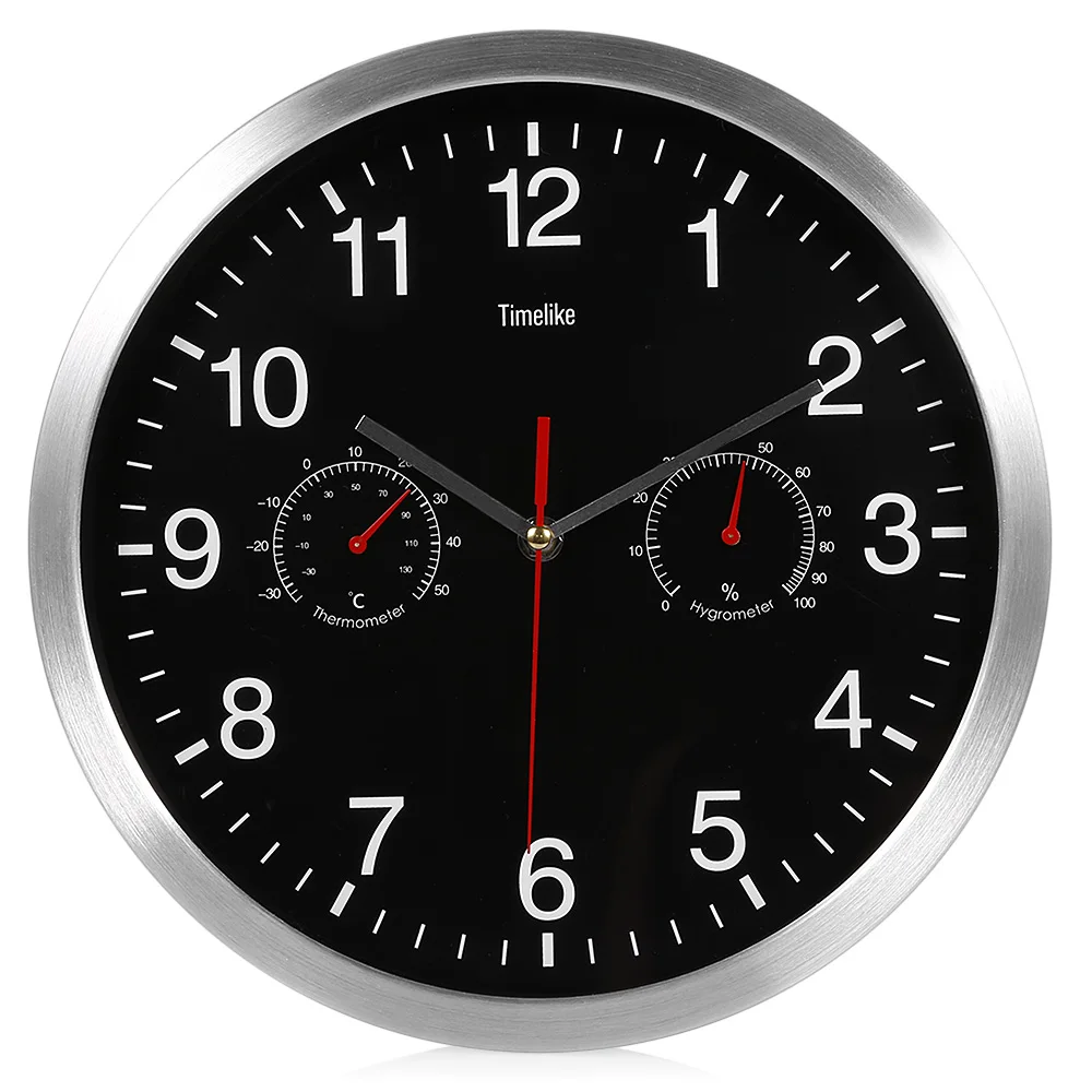 Online Nueva 32 cm cuarzo silencioso Metal Reloj de pared termómetro higrómetro silencioso movimiento de barrido No Ticking reloj casa decoración de arte nuevo diseño