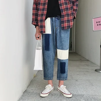 

2019 Summer Men's Fashion Trend Male Leisure Wash Classic Jeans Baggy Homme Blue Color Trousers Patch Haren Casual Pants M-5XL