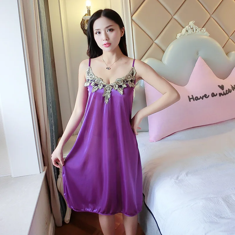 

Appliques Night Dress Sleeveless Nighties Faux Satin Silk Nightgown Nightdress Sleepwear For Women Sexy Nightwear Nightshirt