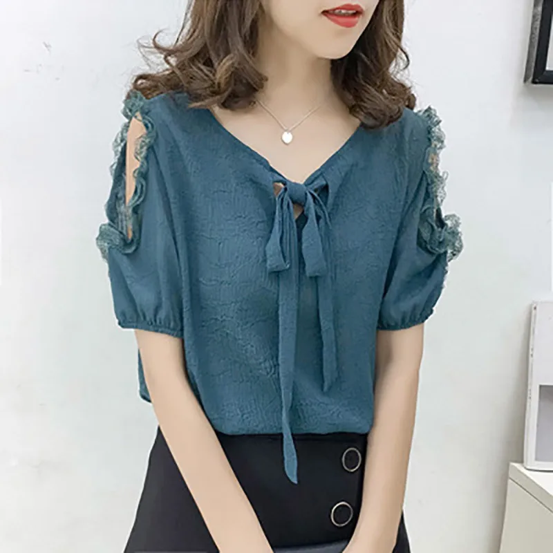 

Women Tops 2019 Summer Blouse V neck Half Sleeve Hollow Lace Up Blusas Mujer Casual Shirts Femme