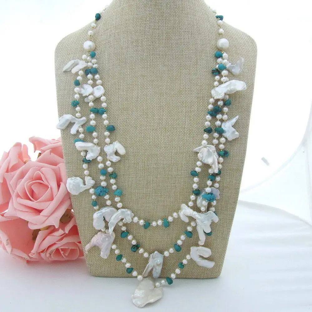 

N022932 27" 3 Strands White Keshi Pearl Natural Blue Stone Necklace