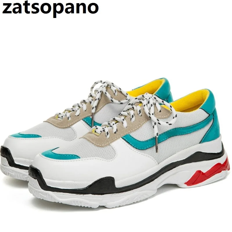 

Women's Platform Sneakers Leather Mesh Women Chunky Sneaker 2019 Fashion Thick Sole Woman Dad Shoes Ladies Flat Footwear Size 46