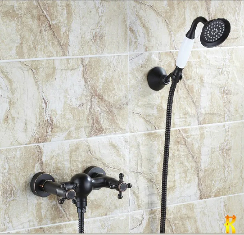 

Oil Rubbed Bronze Ceramic Bathtub Faucet W/ Shower Mixer Tap Set Two Cross Knobs