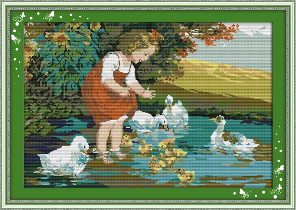 

The little girl and ducks in pool counted printed on fabric 14CT 11CT Cross Stitch kitsembroidery needlework Sets Home Decor