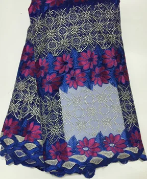 

High Quality Nigerian Lace Fabrics With Stones African French Net Lace Fabric Embroidered Tulle Mesh Lace Fabric ELM007 BLUE