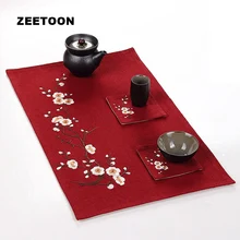 Японский стиль двойной льняной вышивкой сливы стол бегун чайная церемония подставки для чая чайный набор кунг-фу аксессуары креативный домашний орнамент