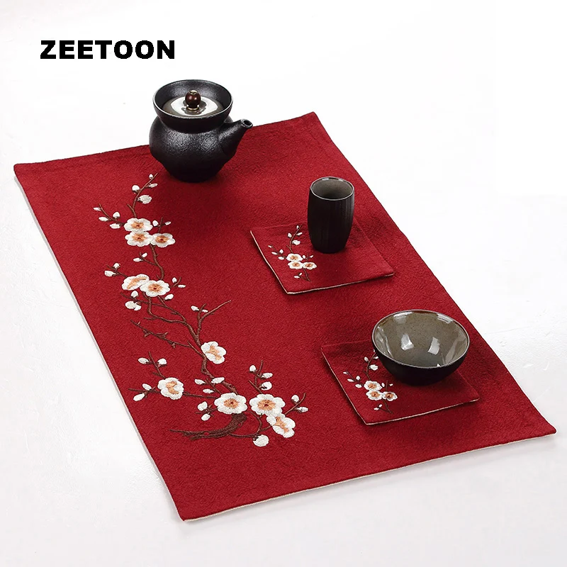 

Japanese Style Double Linen Embroidery Plum Table Runner Tea Ceremony Tea Mats Kung Fu Tea Set Accessorie Creative Home Ornament