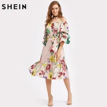 SHEIN Bardot Tiered Lantern Sleeve Flounce Hem Self Tie Dress Off the Shoulder Three Quarter Length Sleeve A Line Dress