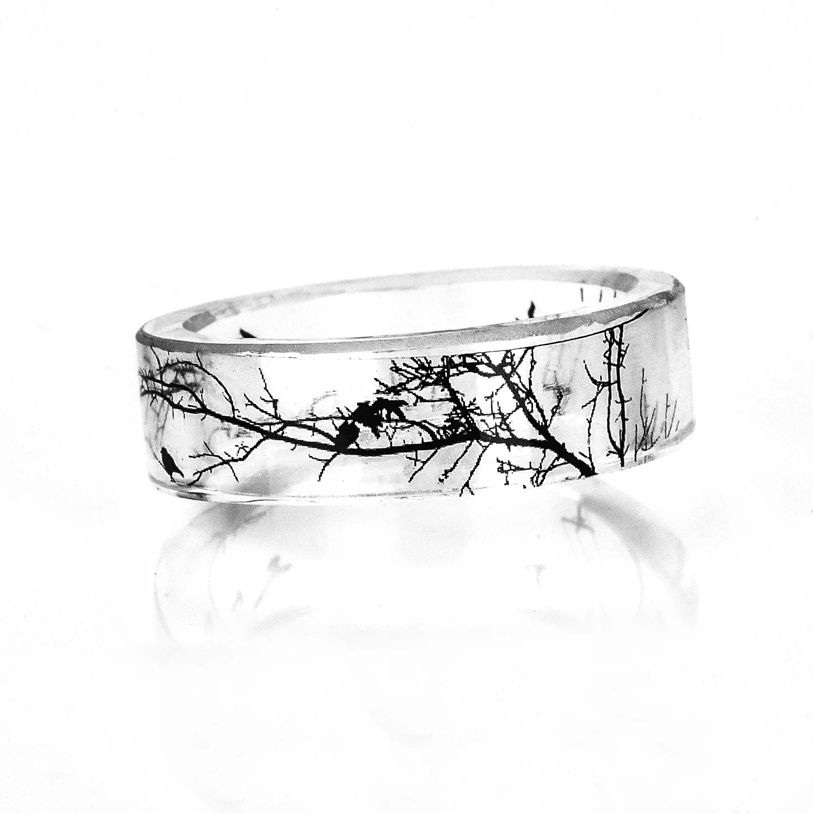 Transparent Resin Ring Tree And Birds Ink Painting Scenery Inside Epoxy Rings Women Finger Punk Jewelry