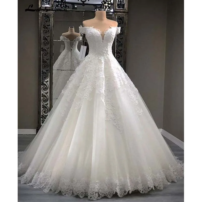 

Boat Neck Wedding Dress Princess Bride Dress Floor-Length White Lace Wedding Dresses Vestido De Novia