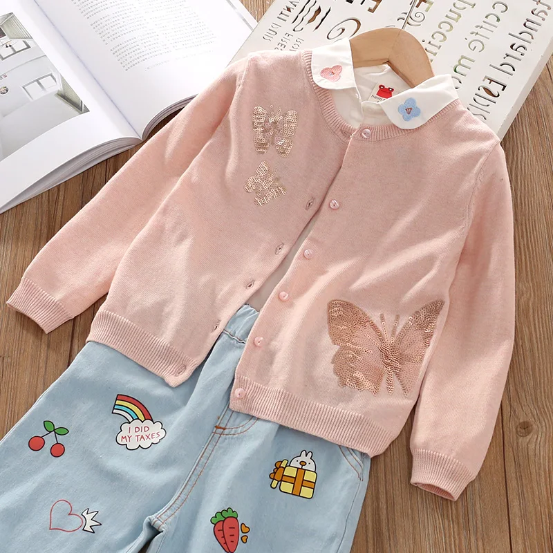 

Girls Knitted Cardigan Thin Jacket Children's Fashion Butterfly Sequins Knitting Sweaters Kids Cute Cartoon Knitwear Clothes P8