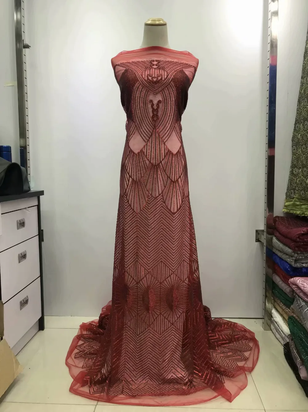 

New wine Sequins African French Lace Fabric High Quality African Tulle Lace Fabric With Sequins For Wedding Dress