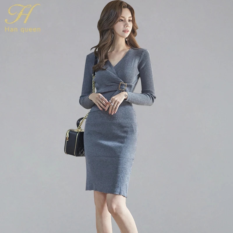 

H Han Queen 2019 Korean Style Autumn New Knitted Black Dresses Women Irreular V-neck Bodycon Dresses OL Pencil Bottoming Vestido