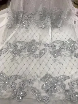 

2018 High Quality African Lace Fabric Gray Materials French Lace With Sequins Nigerian Tulle Lace Fabric For Wedding Party Dress