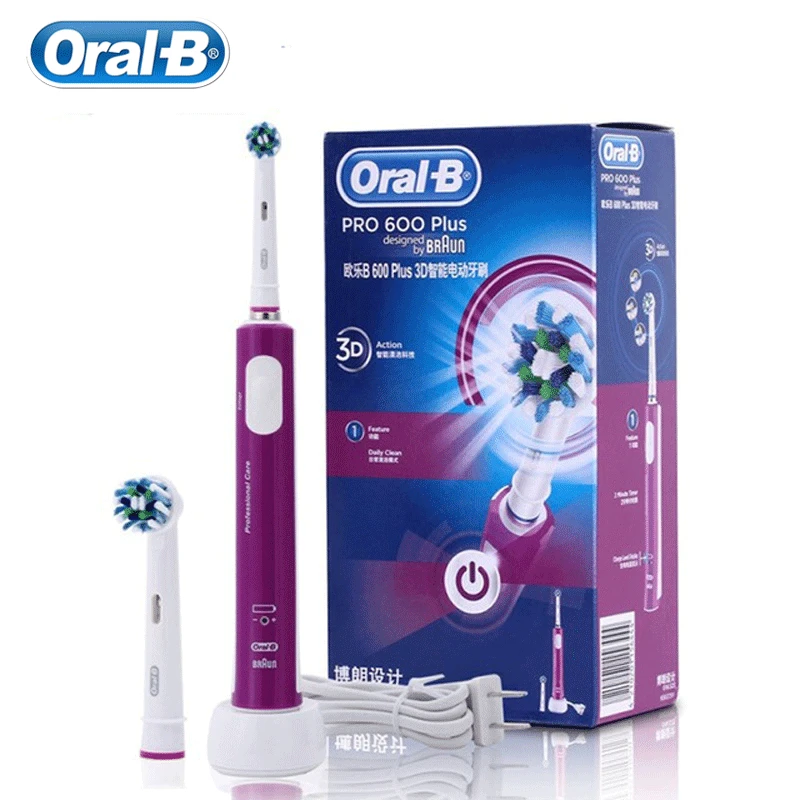 Электрическая зубная щетка Oral B Pro600 Plus 3D Clean 2 насадки водонепроницаемая с