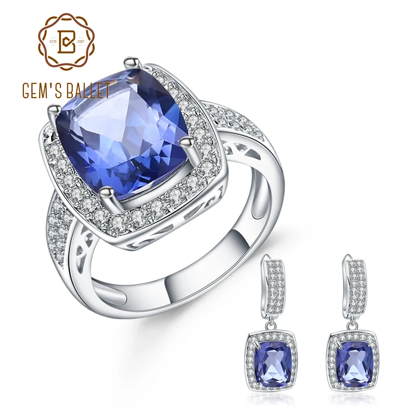 

GEM'S BALLET 925 Sterling Silver Vintage Fine Jewelry Natural Iolite Blue Mystic Quartz Ring Earrings Jewelry Set For Women