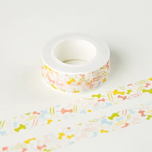 

JG414 1.5CM Wide Colorful Paper Clip & Pushpin Washi Tape DIY Scrapbooking Sticker Label Masking Tape School Office Supply