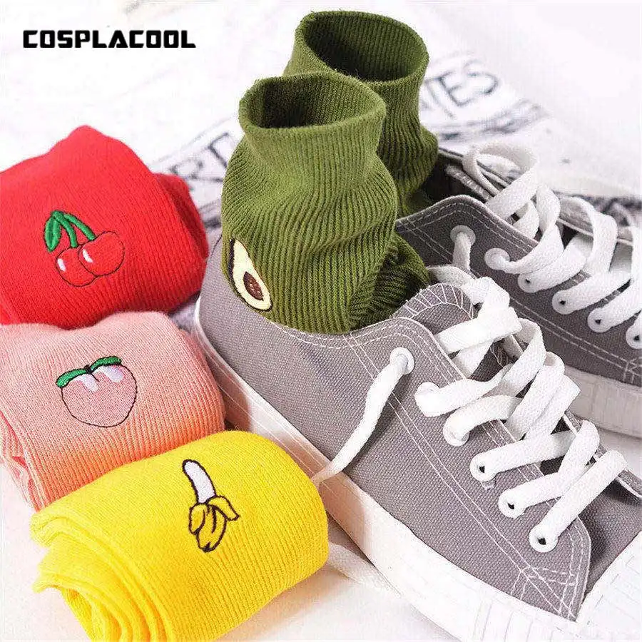 

Korean Women's Kawaii Embroidery Fruit Print Socks Cute Banana Cherry Peach Cartoon Long Sock Pink Red Cotton Harajuku Socks Sox