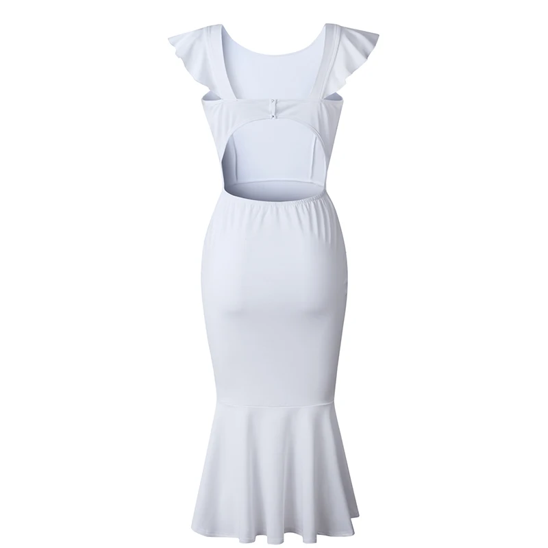 Sexy Women's Strappy Backless Dresses Female Sleeveless Ruffles Dress Fashion Vestidos Frill Hem Mid-Calf Long Mermaid Dress