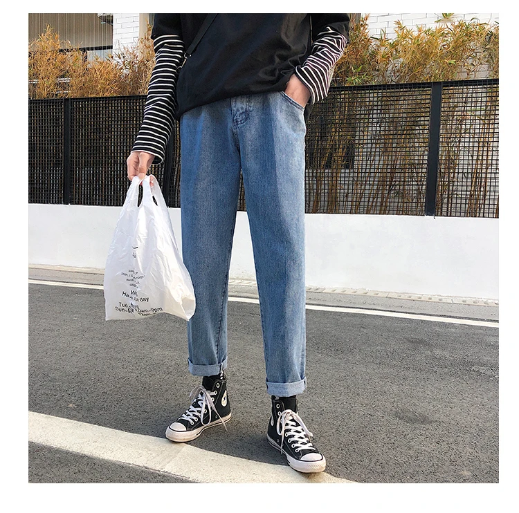 Новые весенние джинсы для мужчин модные однотонные цвет промывают повседневное джинсовые штаны человек уличная хип хоп свободные