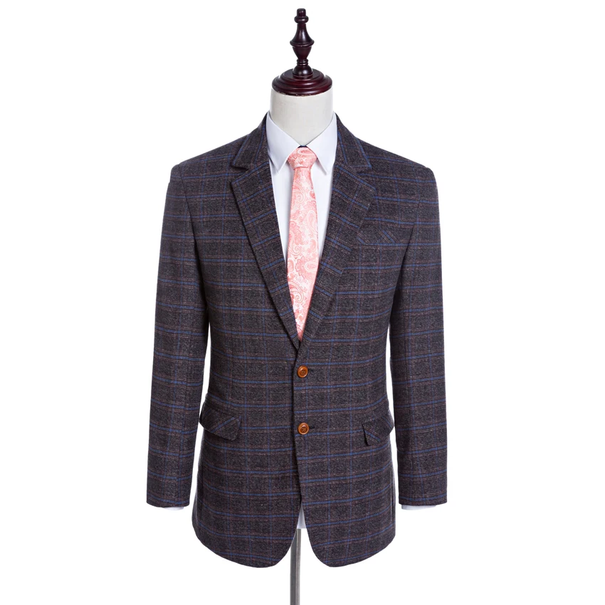 Herringbone 100% Wool Suits Plaid Men 3 Piece Suits Tailored Blazer (Jacket+Pants+Vest)