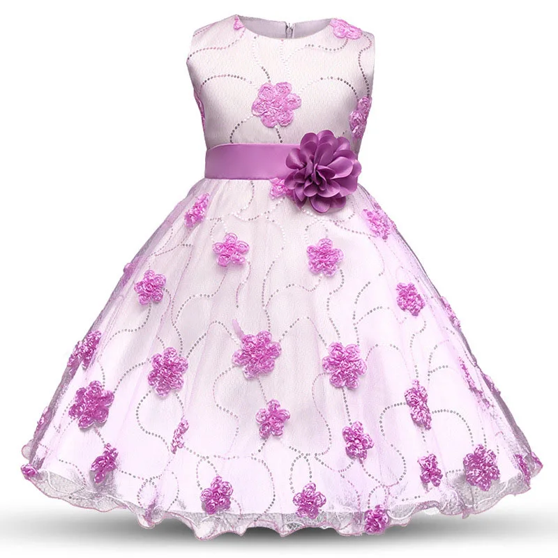 

Fashion Flowers Tulle Belt Thin Tight Dress Cute Girl Foral Knee-Length Dress Kid's Children Casual Clothes Pink Purple White