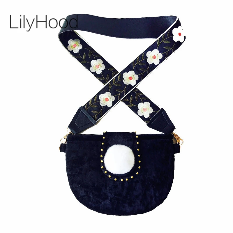 LilyHood ручной работы Для женщин черный бархат сумка Винтаж Chic Pom женский ткань цветочной вышивкой широкий ремень сумка