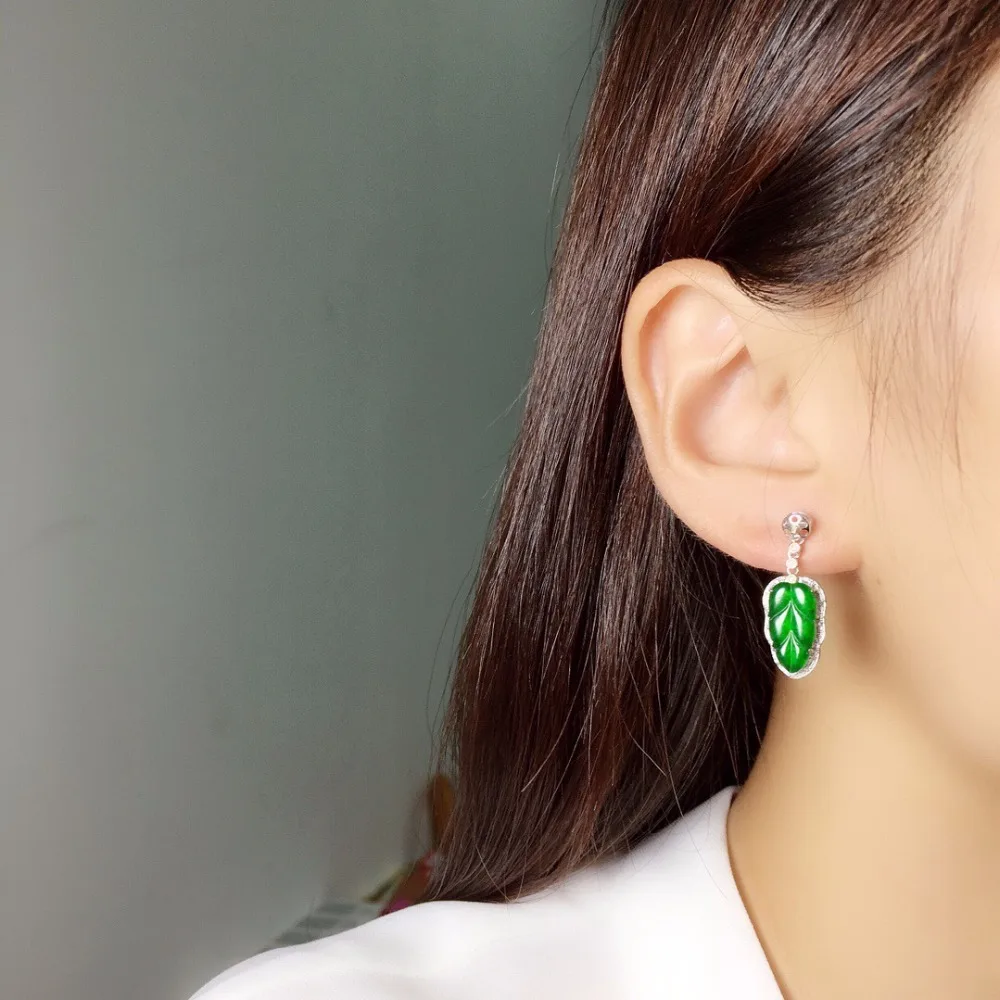 

Fine Jewelry Collection Real 18K White Gold AU750 100% Natural Green Jade Amulet Gemstone Myanmer Origin Drop Earrings for Women
