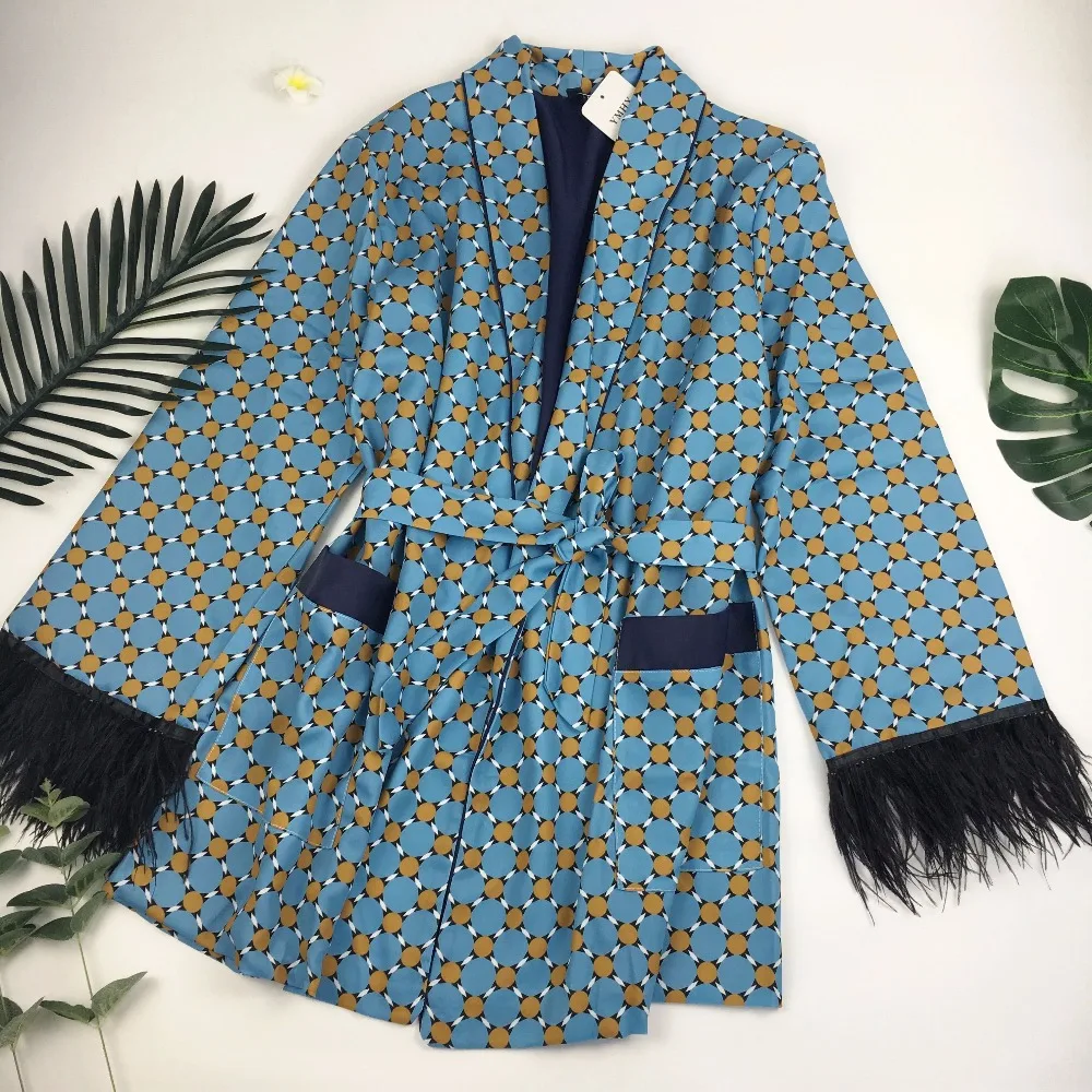 toppies 2020 Blue Printed Kimono Jacket with Feather Sleeves Wide Leg Loose Cuasal Trousers Women Vintage Clothing Suits