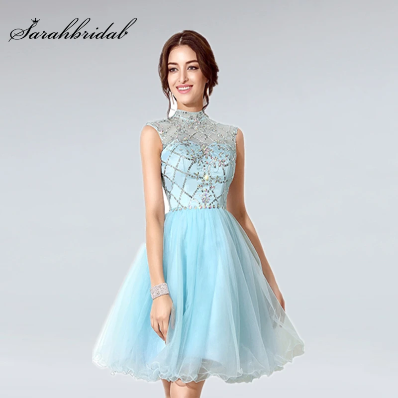 

New Short Sexy Prom Dresses Graduation Dresses Party Gown Above Knee Crystal Beading Tulle Elegant Real Sample SD199