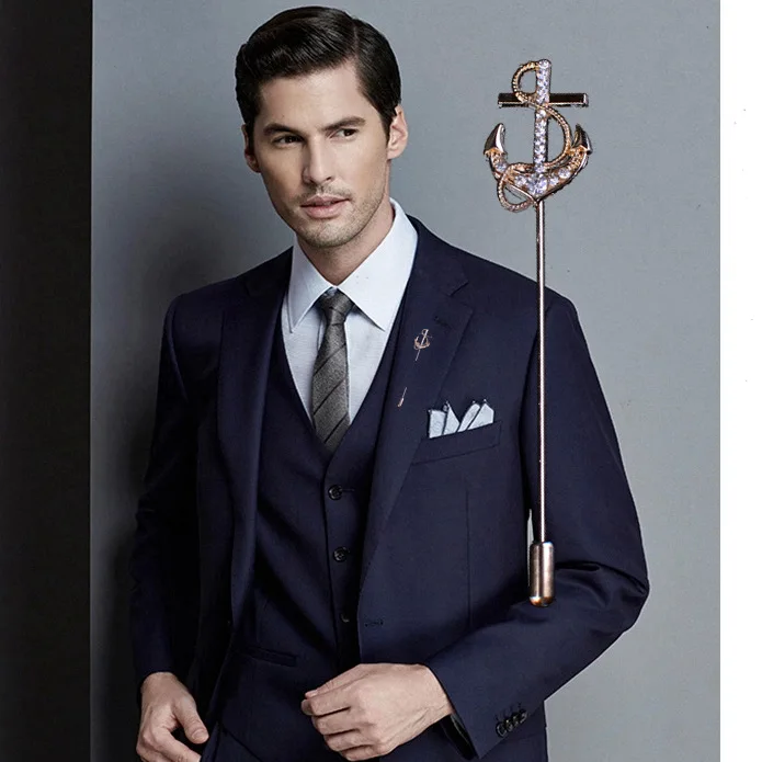 OneckOha Retro Rhinestone Ship Anchor Suit Collar Pin Metal Men's