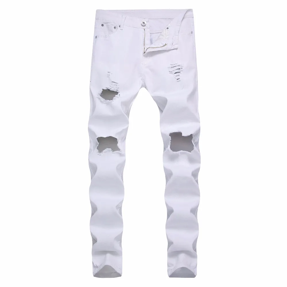 

HOT 2020 Fashion Casual Men jeans big Ripped hole white men's small micro elastic straight denim joker hip hop cowboy pants