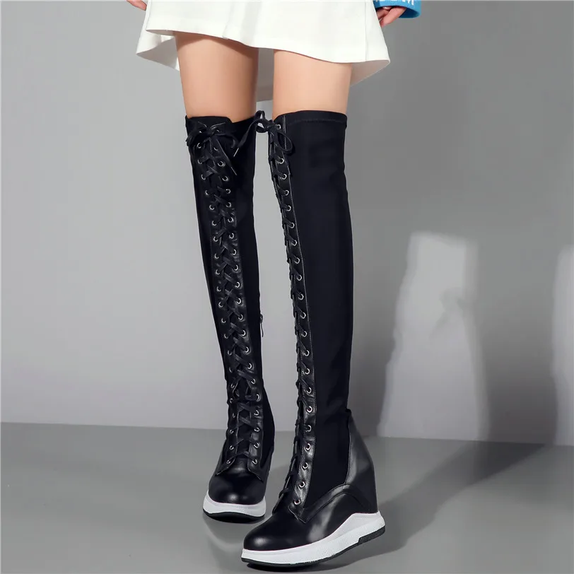 Thigh High Boots Women Genuine Leather Lace Up Knee High Booties Wedges High Heel Tall Shaft Punk Sneakers Winter Punk Creepers