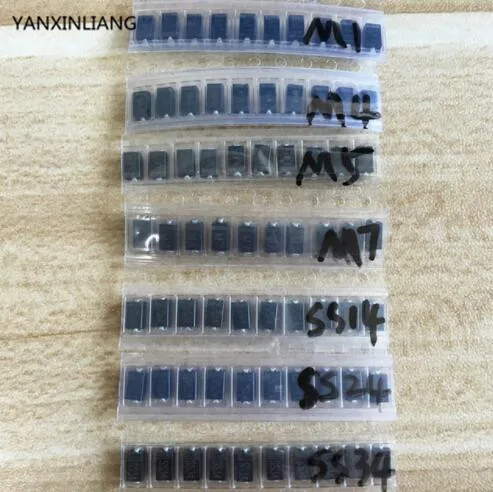 7 видов * 20 шт. = 140 шт./лот упаковка диодов SMD/M1 (1N4001) / M2 (1N4002) /M4(1N4004)/ M7 (1N4007)/ SS12 SS14 SS34 |
