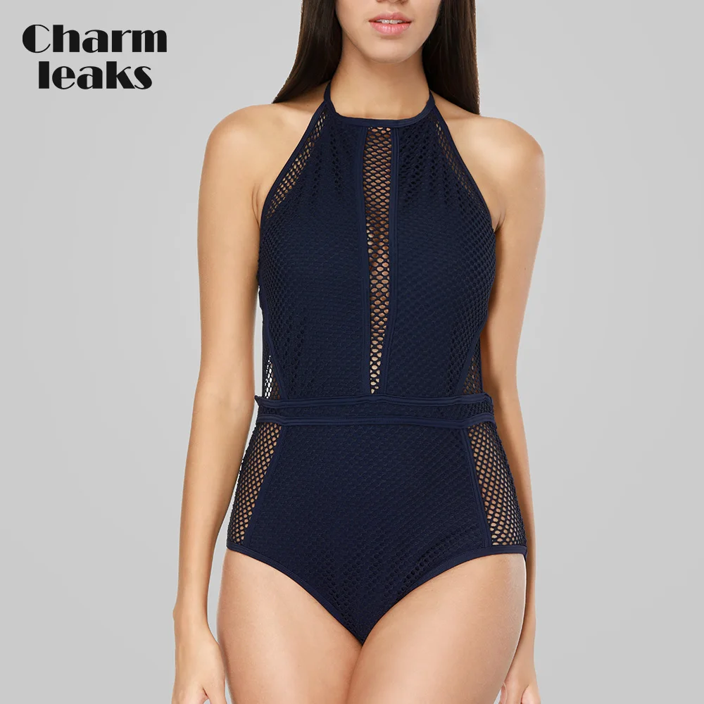 

Charmleaks Women One Piece Swimsuit Mesh Swimwear Deep V Halter Swimwear Sexy Monokini Bathing Suit Bikini