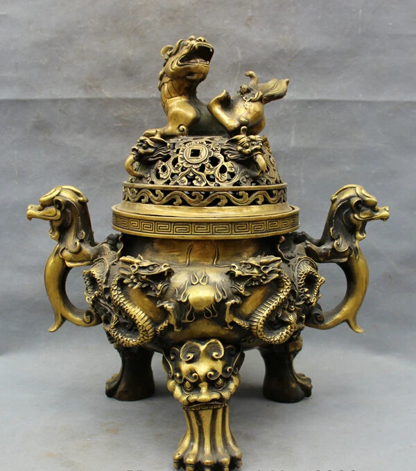 

Fast shipping USPS to USA S1305 18" Tibet Bronze Foo Fu Dog Lion PiXiu Dragon Head Statue Incense Burner Censer