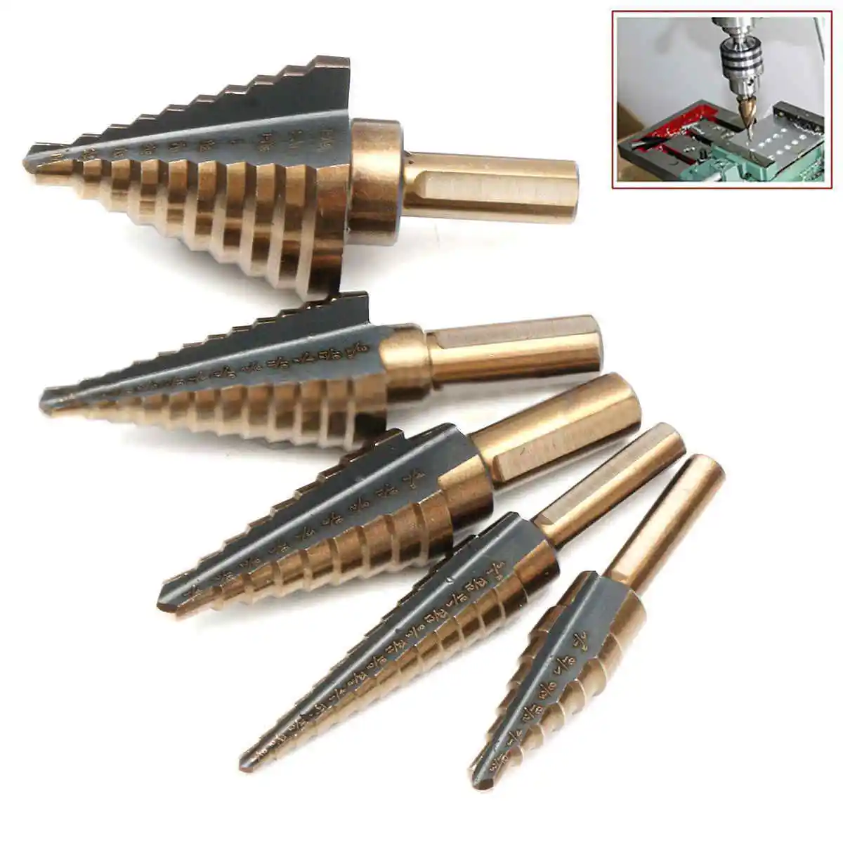 5PCS Large HSS Hole Titanium Cone Step Drill Bit Cutter Set Tools w/Case USA 