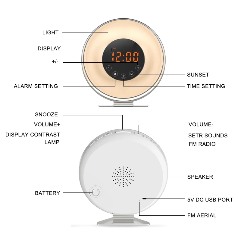 Сенсорный контроль, пробуждение, 7 цветов, светодиодный светильник, имитация восхода солнца, будильник с 6 естественными звуками и fm-радио, Повтор и будильник на закате