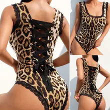 Sexy Womens Lace Backless Bandage  Lace up Leopard Print Bodysuit Skinny Stretch Leotard Ladies Tops