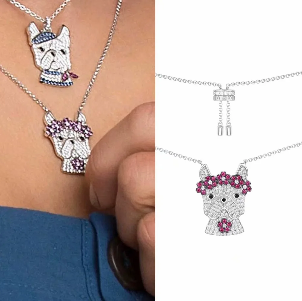 

Fashion Pink Zircons Cute Puppy Design Doggy Pendant Necklace for Women S925 Silver Monaco Fashion Jewelry broche femme bijoux